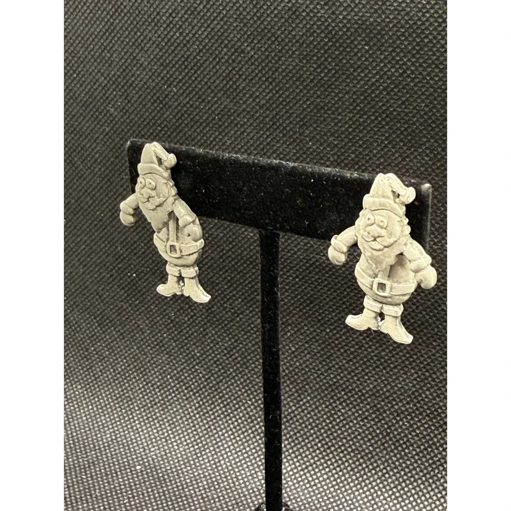 Vintage JJ Jonette Santa Claus Earrings Silver Tone Pewter Christmas Studs